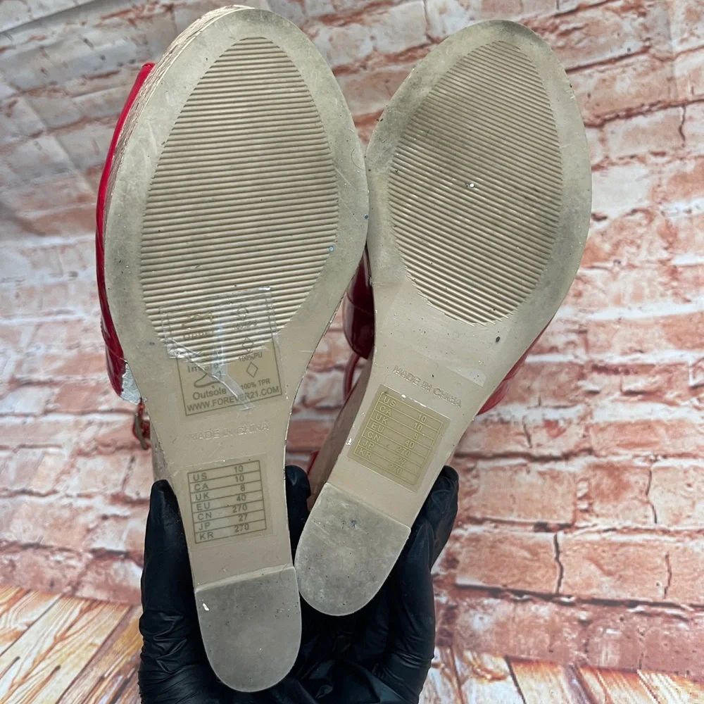 Forever 21 Red Peep Toe Ulta High Patent Leather Wedges with Cork Platform
